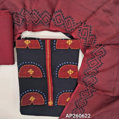 Black printed premium cotton unstitched salwar material, block printed yoke with hand embroidery(lining needed) maroon cotton bottom, hand block printed dual shaded mul cotton dupatta. AP260622