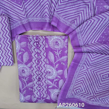 Lavender shade printed soft cotton unstitched salwar material, potil buttons on yoke (thin,lining needed)zigzag printed cotton bottom, printed soft cotton dupatta. AP260610