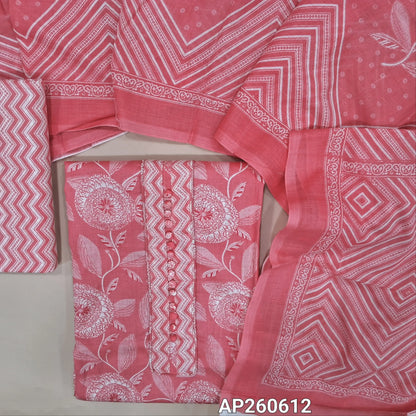 Pastel pink printed soft cotton unstitched salwar material, potil buttons on yoke (thin,lining needed)zigzag printed cotton bottom, printed soft cotton dupatta. AP260612