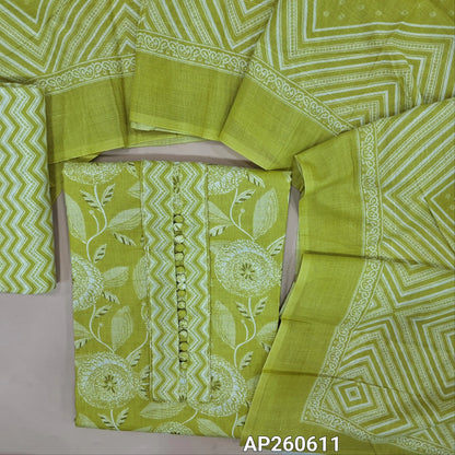 Light green printed soft cotton unstitched salwar material, potil buttons on yoke (thin,lining needed)zigzag printed cotton bottom, printed soft cotton dupatta. AP260611