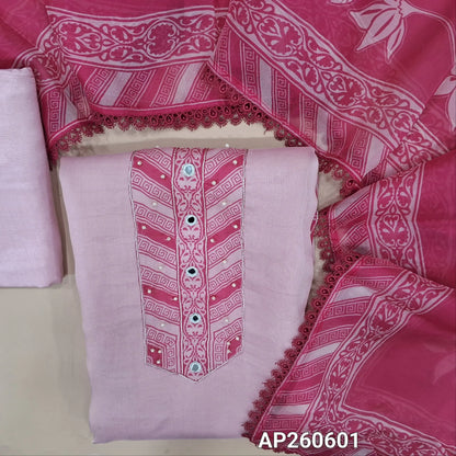 Pastel pink viscous organza unstitched salwar material,printed yoke with pearl bead and real mirror, printed with hand embroidery and sugar bead on daman,(Lining Needed)santoon bottom, floral printed short width viscous organza with lace tapping. AP260601