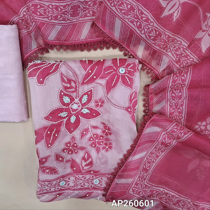 Pastel pink viscous organza unstitched salwar material,printed yoke with pearl bead and real mirror, printed with hand embroidery and sugar bead on daman,(Lining Needed)santoon bottom, floral printed short width viscous organza with lace tapping. AP260601