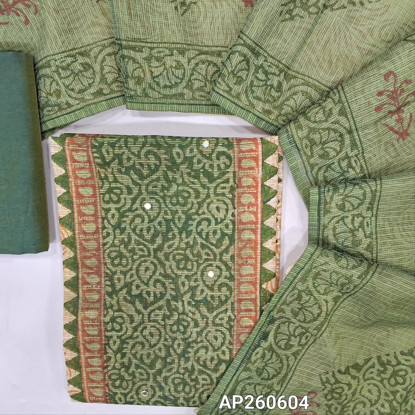 Dark green & sandal yellow hand block printed kota unstitched salwar material,panel design and faux mirror on front(Lining Needed)silk cotton bottom,hand block printed dual shaded kota dupatta. AP260604