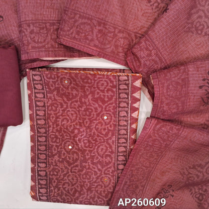 Dark maroon & pastel peach hand block printed kota unstitched salwar material,panel design and faux mirror on front(Lining Needed)silk cotton bottom,hand block printed dual shaded kota dupatta. AP260609