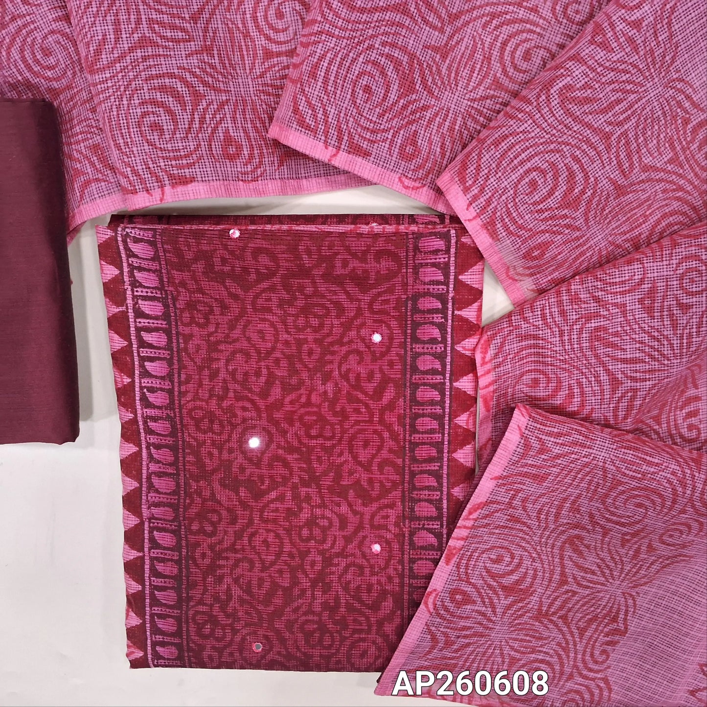 Dark maroon &bright peachish pink hand block printed kota unstitched salwar material,panel design and faux mirror on front(Lining Needed)silk cotton bottom,hand block printed dual shaded kota dupatta. AP260608