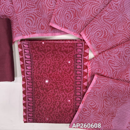 Dark maroon &bright peachish pink hand block printed kota unstitched salwar material,panel design and faux mirror on front(Lining Needed)silk cotton bottom,hand block printed dual shaded kota dupatta. AP260608