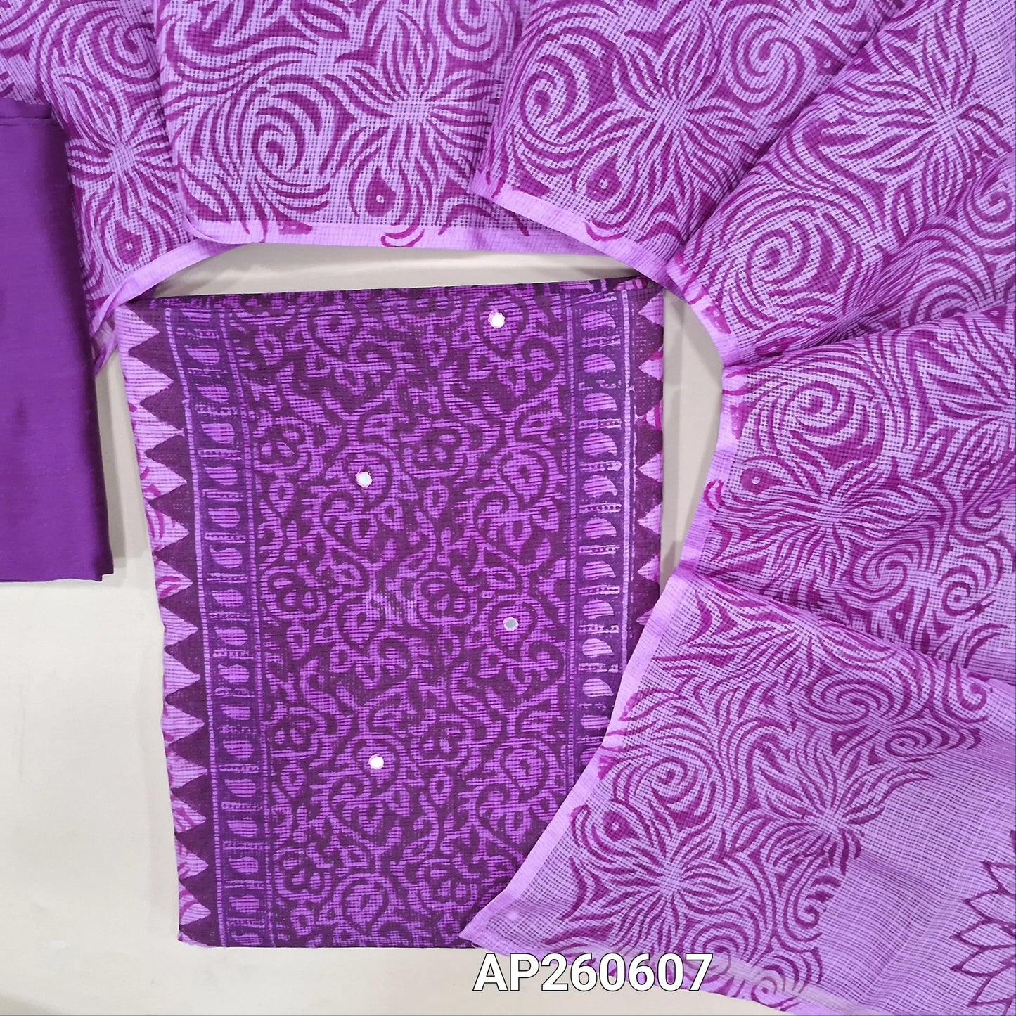 Dark purple &light pink hand block printed kota unstitched salwar material,panel design and faux mirror on front(Lining Needed)silk cotton bottom,hand block printed dual shaded kota dupatta. AP260607