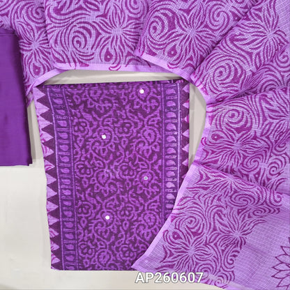 Dark purple &light pink hand block printed kota unstitched salwar material,panel design and faux mirror on front(Lining Needed)silk cotton bottom,hand block printed dual shaded kota dupatta. AP260607