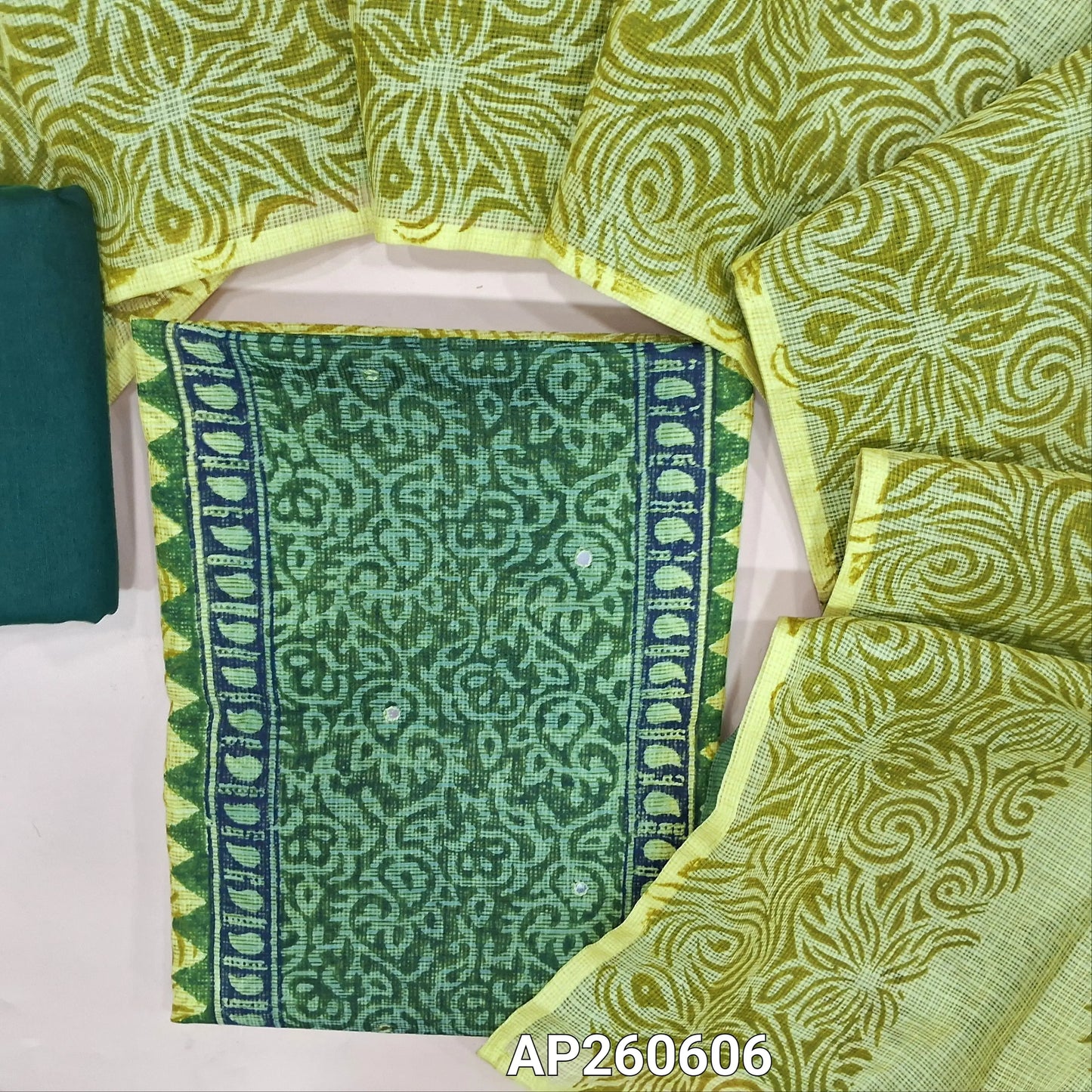 Dark green &light green hand block printed kota unstitched salwar material,panel design and faux mirror on front(Lining Needed)silk cotton bottom,hand block printed dual shaded kota dupatta. AP260606