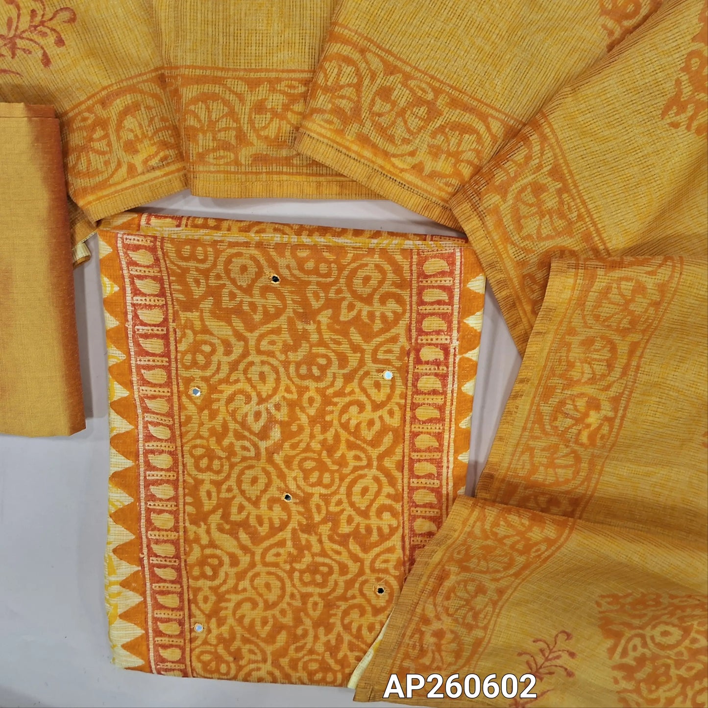Pastel yellow & dark yellow hand block printed kota unstitched salwar material,panel design and faux mirror on front(Lining Needed)silk cotton bottom,hand block printed dual shaded kota dupatta. AP260602