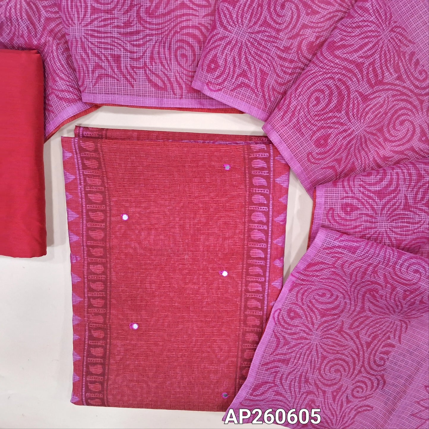 Dark pink & light pink hand block printed kota unstitched salwar material,panel design and faux mirror on front(Lining Needed)silk cotton bottom,hand block printed dual shaded kota dupatta. AP260605