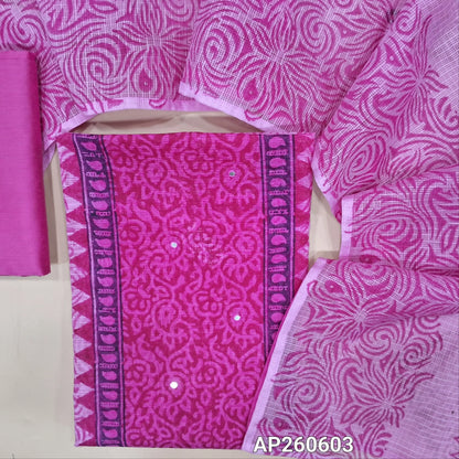 Light pink & dark pink hand block printed kota unstitched salwar material,panel design and faux mirror on front(Lining Needed)silk cotton bottom,hand block printed dual shaded kota dupatta. AP260603