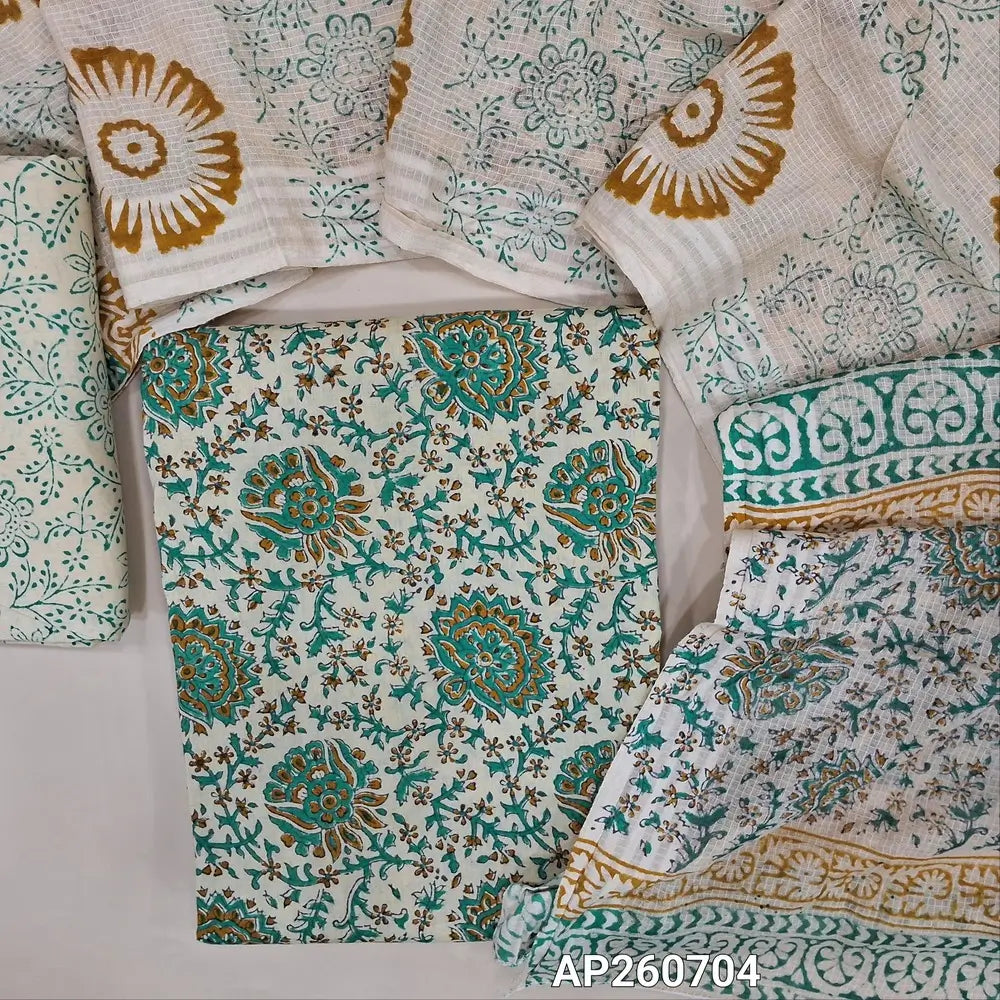 Half white base block printed pure cotton unstitched salwar material,(PASTEL BLUE) (lining optional) hand block printed cotton bottom,hand block printed pure kota cotton dupatta.AP260704