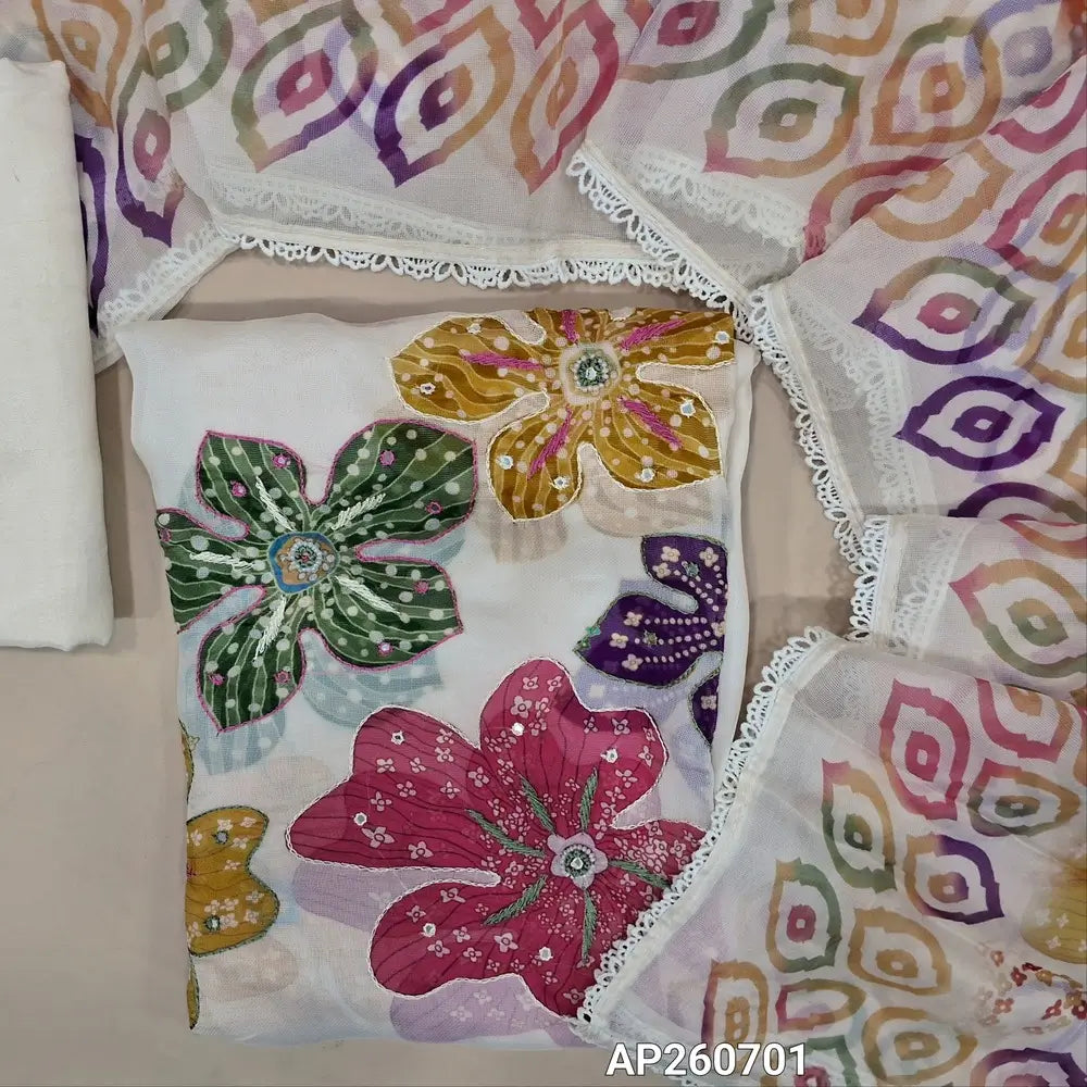 Half white viscous organza unstitched salwar material,thread work with pearl bead,sugar bead,and faux mirror on front(Lining Needed)matching santoon bottom, floral printed colorful short width viscous organza dupatta.AP260701