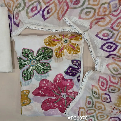 Half white viscous organza unstitched salwar material,thread work with pearl bead,sugar bead,and faux mirror on front(Lining Needed)matching santoon bottom, floral printed colorful short width viscous organza dupatta.AP260701