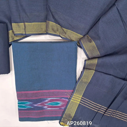 Dark blue handloom cotton unstitched salwar material (lining needed)pochampally border on daman,blue cotton bottom, handloom cotton dupatta with gold tissue borders. AP260819
