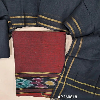 Dark maroon handloom cotton unstitched salwar material (lining needed)pochampally border on daman, black cotton bottom, handloom cotton dupatta with gold tissue borders. AP260818