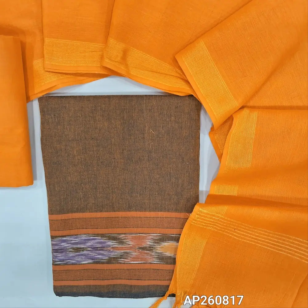 Mehandhi green handloom cotton unstitched salwar material (lining needed)pochampally border on daman, orange cotton bottom, handloom cotton dupatta with gold tissue borders. AP260817