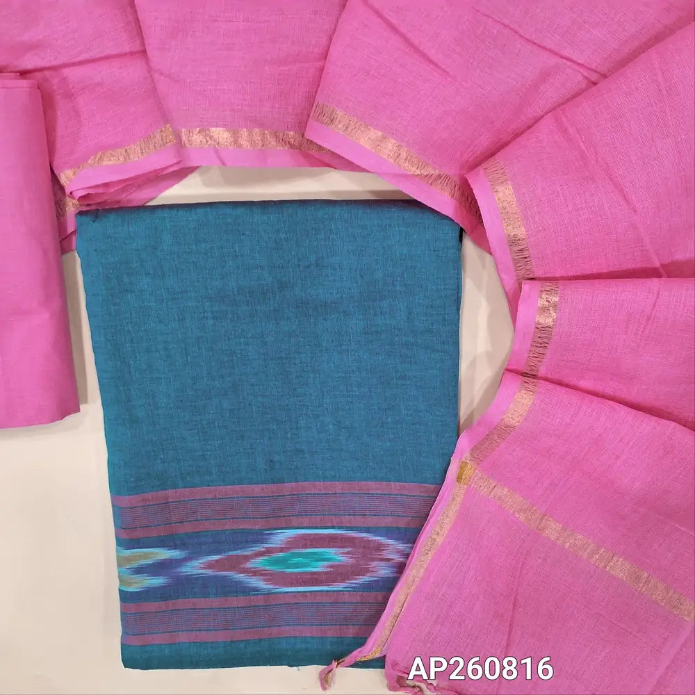Turquoise blue handloom cotton unstitched salwar material (lining needed)pochampally border on daman, pastel pink cotton bottom, handloom cotton dupatta with gold tissue borders. AP260816