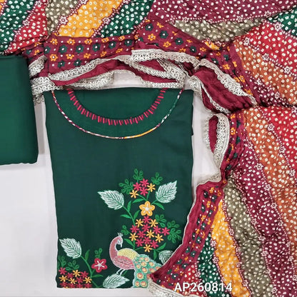 Dark green liquid fabric unstitched salwar material( soft,Lining optional)round neck, thread embroidery on front,matching liquid fabric bottom,multicolor crinkled fancy silk cotton dupatta with lace tapings. AP260814