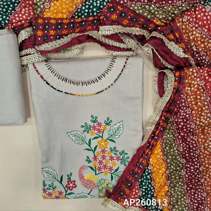 Light greyish beige liquid fabric unstitched salwar material( soft,Lining optional)round neck, thread embroidery on front,matching liquid fabric bottom,multicolor crinkled fancy silk cotton dupatta with lace tapings. AP260813