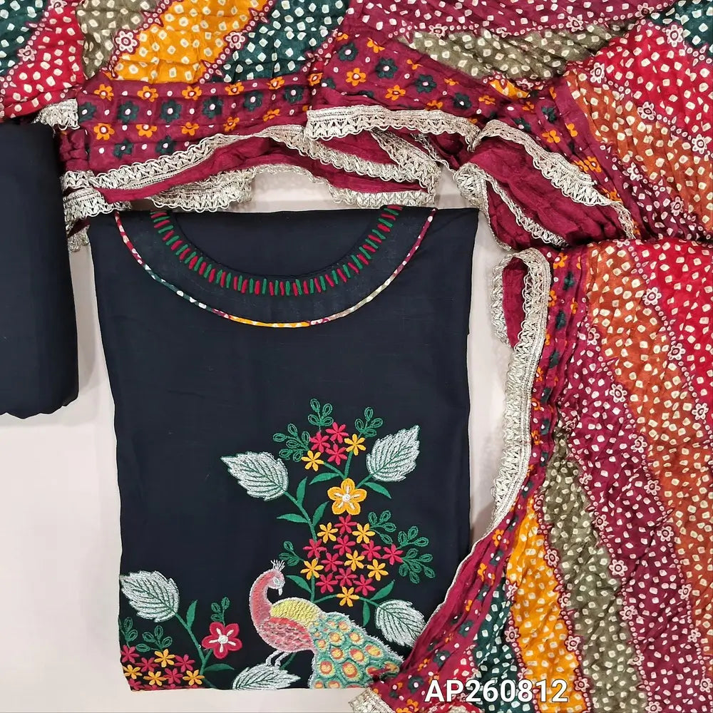 Black liquid fabric unstitched salwar material( soft,Lining optional)round neck, thread embroidery on front,matching liquid fabric bottom,multicolor crinkled fancy silk cotton dupatta with lace tapings. AP260812