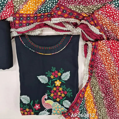 Black liquid fabric unstitched salwar material( soft,Lining optional)round neck, thread embroidery on front,matching liquid fabric bottom,multicolor crinkled fancy silk cotton dupatta with lace tapings. AP260812