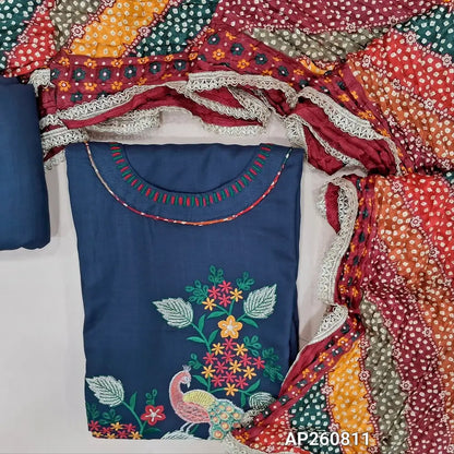Blue liquid fabric unstitched salwar material( soft,Lining optional)round neck, thread embroidery on front,matching liquid fabric bottom,multicolor crinkled fancy silk cotton dupatta with lace tapings. AP260811
