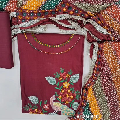 Maroon liquid fabric unstitched salwar material( soft,Lining optional)round neck, thread embroidery on front,matching liquid fabric bottom,multicolor crinkled fancy silk cotton dupatta with lace tapings. AP260810