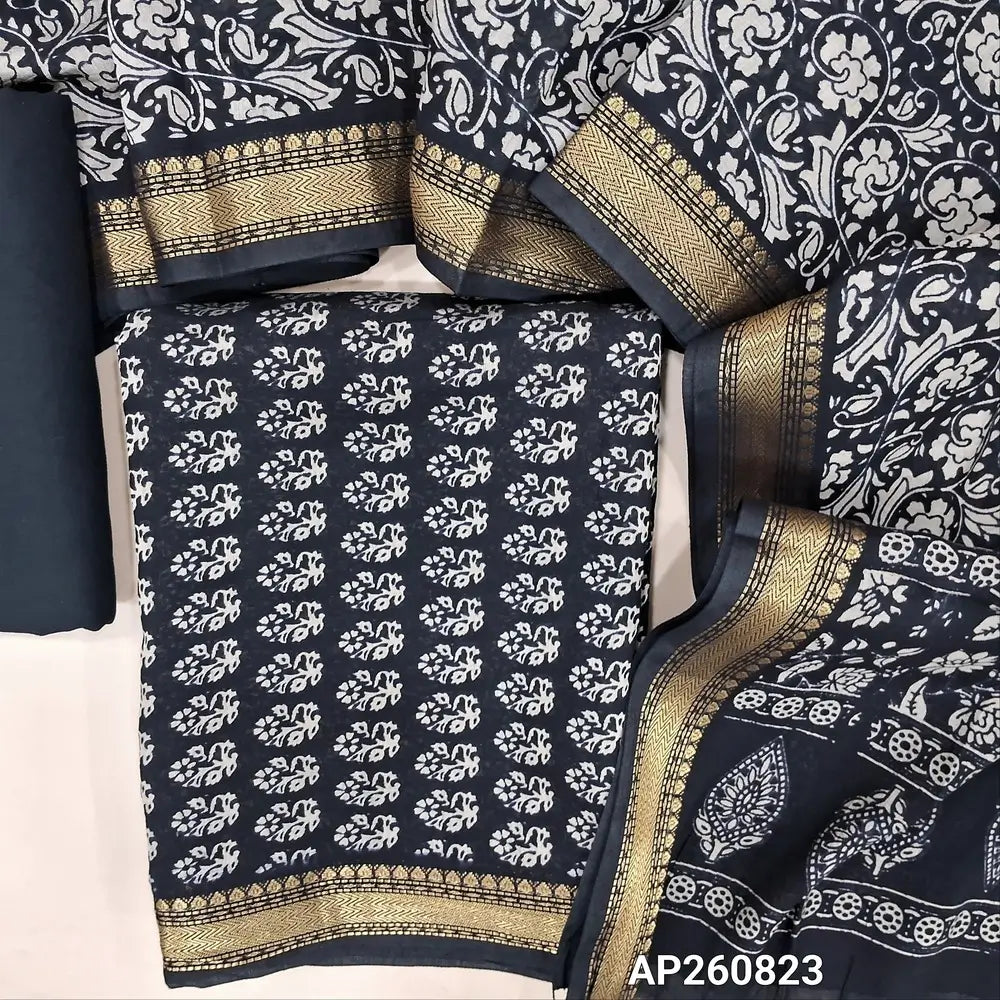 Black Printed soft silk cotton unstitched salwar material (lining needed) zari woven borders on daman, matching spun cotton bottom, printed full length silk cotton dupatta with borders. AP260823