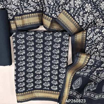 Black Printed soft silk cotton unstitched salwar material (lining needed) zari woven borders on daman, matching spun cotton bottom, printed full length silk cotton dupatta with borders. AP260823