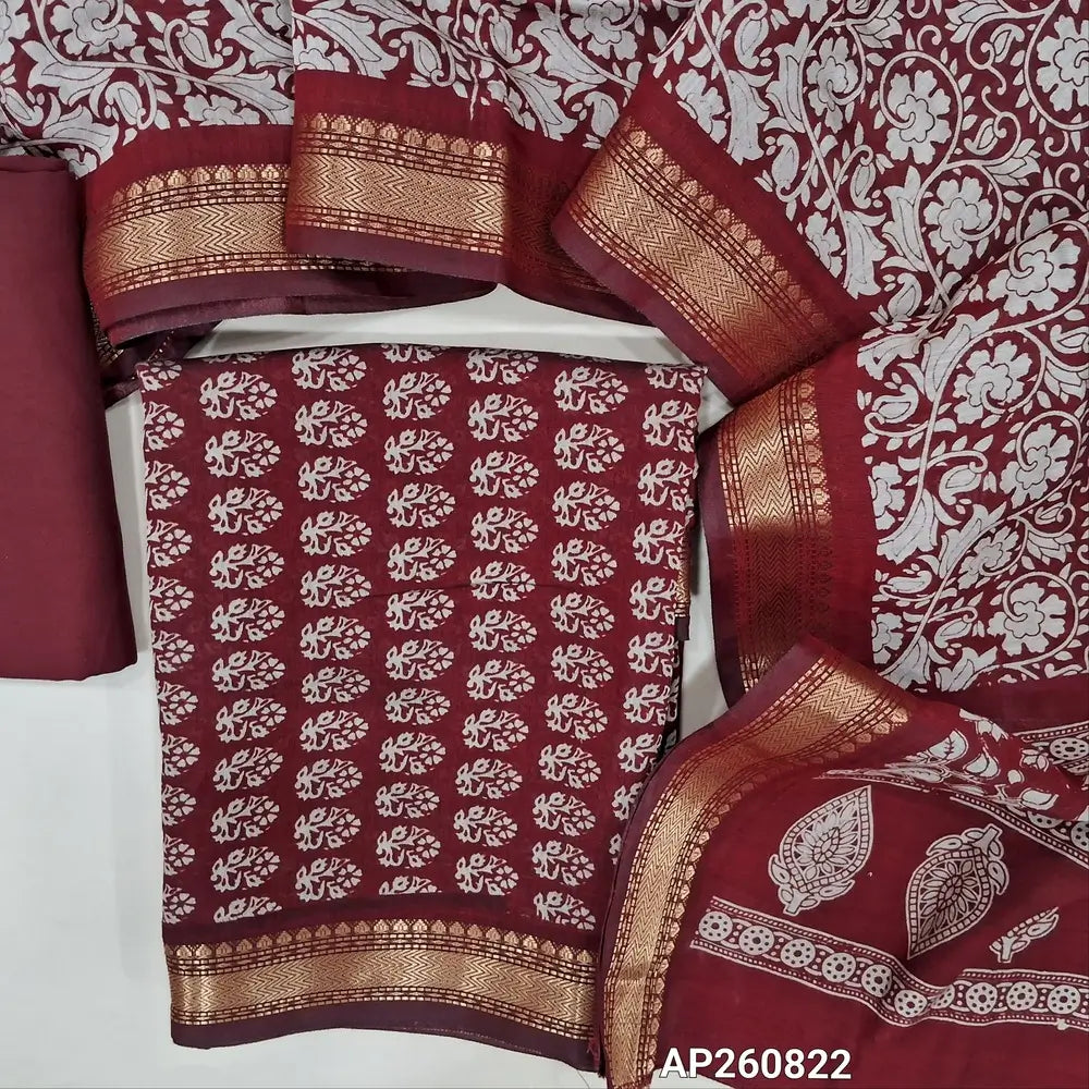 Dark maroon Printed soft silk cotton unstitched salwar material (lining needed) zari woven borders on daman, matching spun cotton bottom, printed full length silk cotton dupatta with borders. AP260822