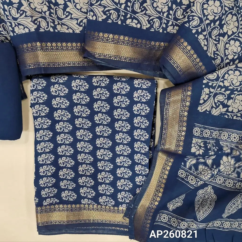 Dark blue Printed soft silk cotton unstitched salwar material (lining needed) zari woven borders on daman, matching spun cotton bottom, printed full length silk cotton dupatta with borders. AP260821