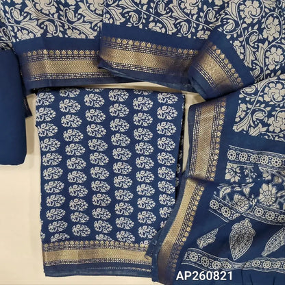Dark blue Printed soft silk cotton unstitched salwar material (lining needed) zari woven borders on daman, matching spun cotton bottom, printed full length silk cotton dupatta with borders. AP260821