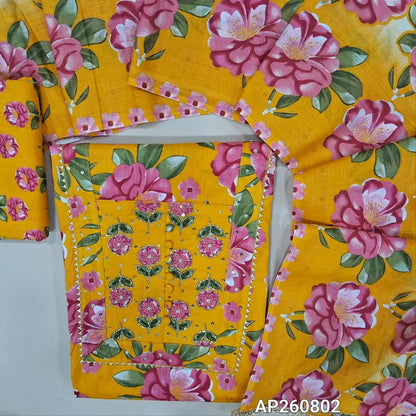 Dark mehandhi yellow printed pure soft cotton unstitched salwar material,potli buttons,sequins work on yoke(thin,lining optional)printed cotton bottom,printed pure mul cotton full length duppata.(TAPING NEEEDED) AP260802