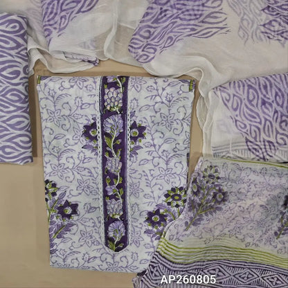 Half white base premium block printed pure mul cotton unstitched salwar material(LAVENDER)(lining needed) bead and sequins work on yoke, hand block printed cotton bottom,hand block printed pure chiffon dupatta.AP260805