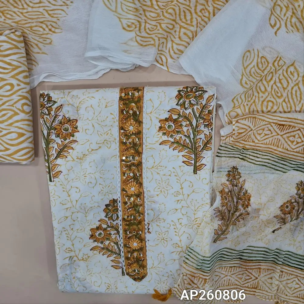 Half white base premium block printed pure mul cotton unstitched salwar material(MEHANDHI YELLOW)(lining needed) bead and sequins work on yoke, hand block printed cotton bottom,hand block printed pure chiffon dupatta.AP260806