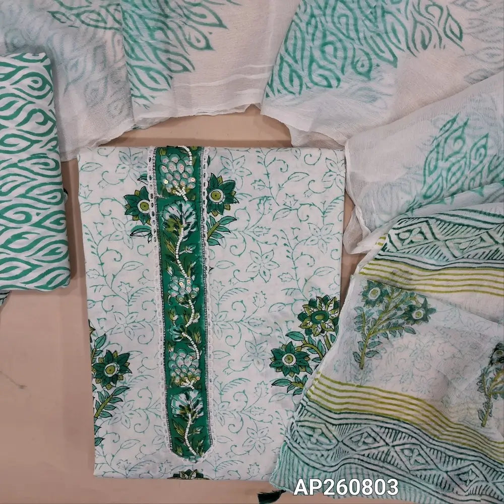 Half white base premium block printed pure mul cotton unstitched salwar material(GREEN)(lining needed) bead and sequins work on yoke, hand block printed cotton bottom,hand block printed pure chiffon dupatta.AP260803