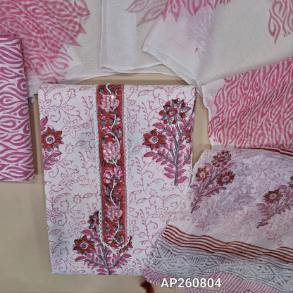 Half white base premium block printed pure mul cotton unstitched salwar material(PASTEL PINK)(lining needed) bead and sequins work on yoke, hand block printed cotton bottom,hand block printed pure chiffon dupatta.AP260804
