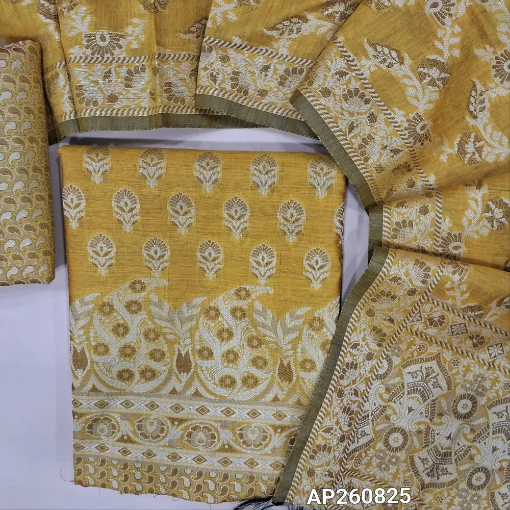 Light mehandi yellow silk cotton unstitched salwar material(lining needed) brocade woven all over, brocade silk cotton bottom, premium soft silk cotton full length dupatta with brocade woven and tassels. AP260825