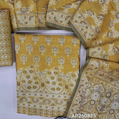 Light mehandi yellow silk cotton unstitched salwar material(lining needed) brocade woven all over, brocade silk cotton bottom, premium soft silk cotton full length dupatta with brocade woven and tassels. AP260825