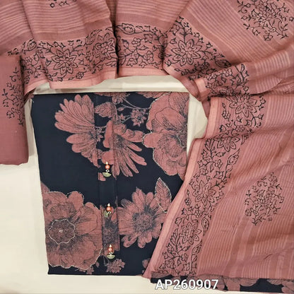 Black base (chocolate brown) printed pure soft cotton unstitched salwar material,fancy buttons on yoke, zari work on front(thin,lining optional) chocolate brown printed cotton bottom,printed pure mul cotton full length duppata.(TAPING NEEEDED) AP260907