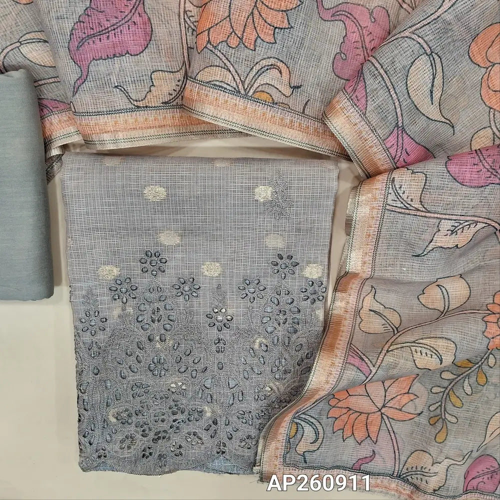 Greyish beige pure chanderi benarasi kota unstitched salwar material,zari buttas allover,self embroidrey work on front,cut work on daman( lining needed)matching spun cotton bottom, digital printed chanderi kota dupatta. AP260911