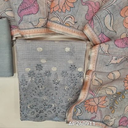 Greyish beige pure chanderi benarasi kota unstitched salwar material,zari buttas allover,self embroidrey work on front,cut work on daman( lining needed)matching spun cotton bottom, digital printed chanderi kota dupatta. AP260911