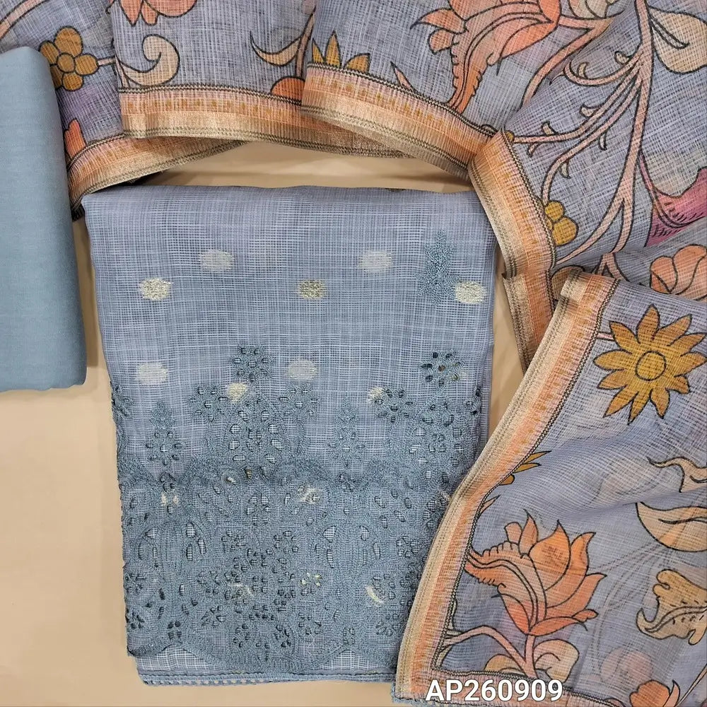 Powder blue pure chanderi benarasi kota unstitched salwar material,zari buttas allover,self embroidrey work on front,cut work on daman( lining needed)matching spun cotton bottom, digital printed chanderi kota dupatta. AP260909