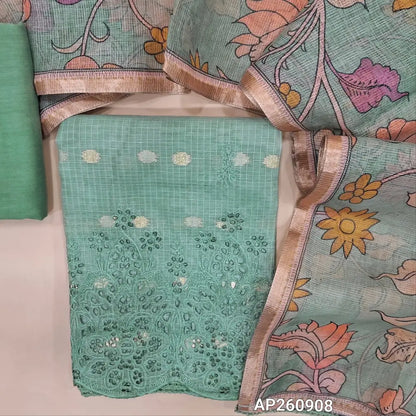 Sage green pure chanderi benarasi kota unstitched salwar material,zari buttas allover,self embroidrey work on front,cut work on daman( lining needed)matching spun cotton bottom, digital printed chanderi kota dupatta. AP260908