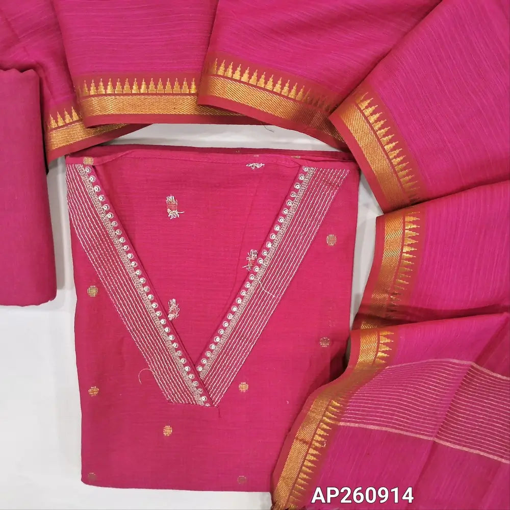 Bright pink premium handloom cotton unstitched salwar material,v neck yoke on zari and sequins work,self checked pattern all over (thin,lining optional)matching cotton bottom, weaving design on handloom cotton dupatta with thread woven borders.AP260914