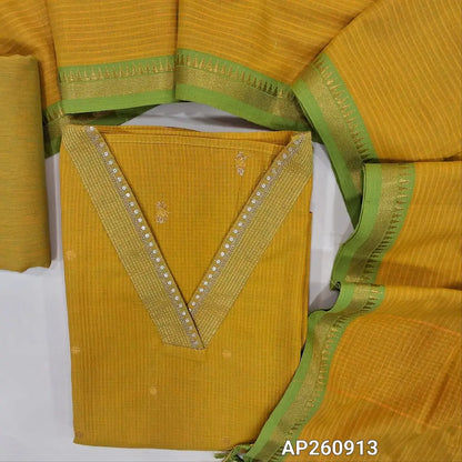 Bright yellow premium handloom cotton unstitched salwar material,v neck yoke on zari and sequins work,self checked pattern all over (thin,lining optional)matching cotton bottom, weaving design on handloom cotton dupatta with thread woven borders.AP260913