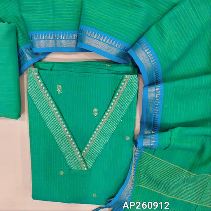 Green premium handloom cotton unstitched salwar material,v neck yoke on zari and sequins work,self checked pattern all over (thin,lining optional)matching cotton bottom, weaving design on handloom cotton dupatta with thread woven borders.AP260912
