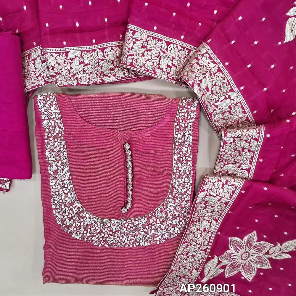 Designer pink tissue silk unstitched salwar material, (shiny, Lining Needed) rich sequins, bead work and polti button on yoke,gold zari lines all over,santoon bottom, weaving design on premium organza silk dupatta. AP260901